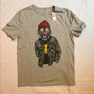 GAP Grey Short Sleeve Tee with Red Beanie Tiger Graphic